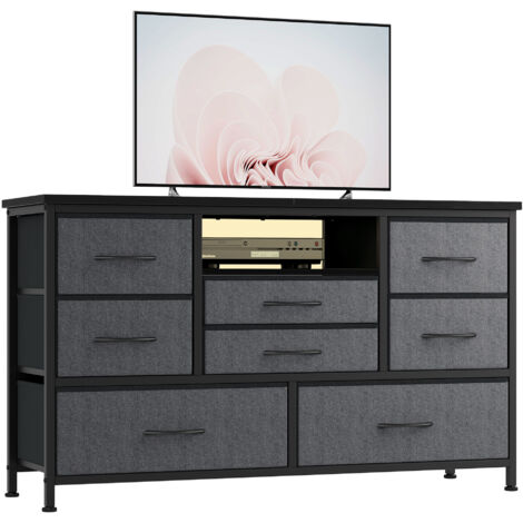 Commode à 8 Tiroirs Avec Lumière LED, Station de Charge, Commode Pour Chambre, Salon, Couloir Gris (1/5)