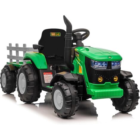 Tracteur électrique Enfant 12V avec remorque Amovible – Double Moteur 35W – 6 pneus – Télécommande parentale – Musique sans fil/MP3/USB – 3 Vitesses