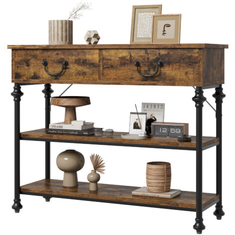 Console étroite industrielle 100x30x80 cm avec 2 tiroirs et 2 étagères – Design rustique marron – Rangement élégant pour entrée ou salon – Hydromotrix
