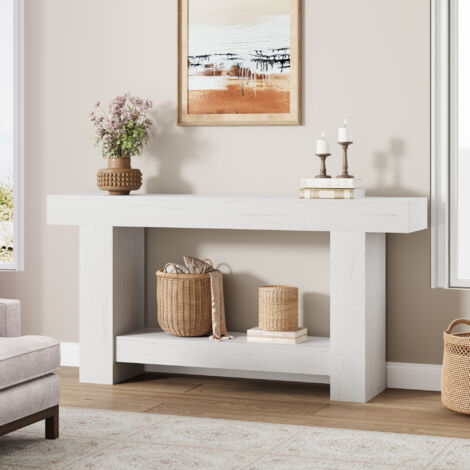 Table console longue 160cm bois massif, 2 niveaux, Meuble d’entrée rustique pour, salon ou canapé, Montage facile, blanc