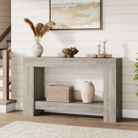 Table console longue 120cm bois massif, 2 niveaux, Meuble d’entrée rustique pour, salon ou canapé, Montage facile, gris