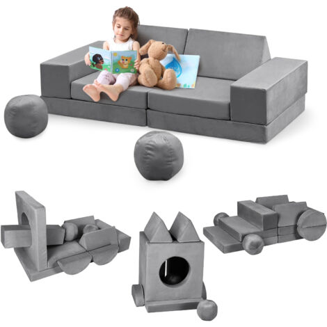 Canapé pour Enfants 12 PCS avec Balles et Tunnel, Canapé de Jeu Modulaire en Mousse Douce pour Jeux, Dodo et Créativité,Gris (1/5)