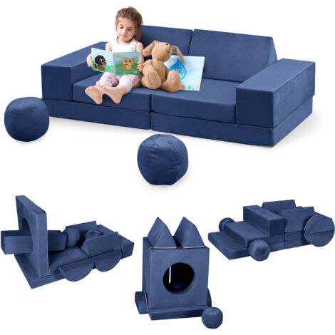Canapé pour Enfants 12 PCS avec Balles et Tunnel, Canapé de Jeu Modulaire en Mousse Douce pour Jeux, Dodo et Créativité, Bleu (1/5)