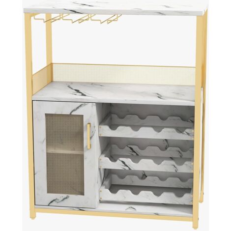 Casier à Vin pour 16 Bouteilles en Bois,Range-Bouteilles /Porte-Vin à 3 Étagères avec 3 Porte-Gobelets- LED,Meuble de Bar -Or (1/5)