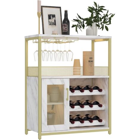 Casier à Vin pour 16 Bouteilles en Bois,Range-Bouteilles /Porte-Vin à 3 Étagères avec 3 Porte-Gobelets,Meuble de Bar -Or (1/5)
