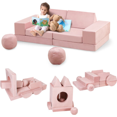 Canapé pour Enfants 12 PCS avec Balles et Tunnel, Canapé de Jeu Modulaire en Mousse Douce pour Jeux, Dodo et Créativité,Rose (1/5)