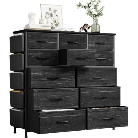 Commode Haute pour Chambre, Commode à 12 Tiroirs en Tissu, Cadre en Acier, Style Industriel, Meuble De Rangement pour Chambre, Couloir, Entrée, Salon 99x30x110cm Noir (1/5)