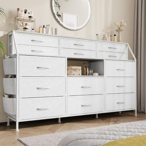 Commode avec 14 Tiroirs en Tissu, Meuble TV avec Structure en Métal Et Étagères Ouvertes sur Plateau en Bois, pour Chambre, Salon, Couloir Blanc
