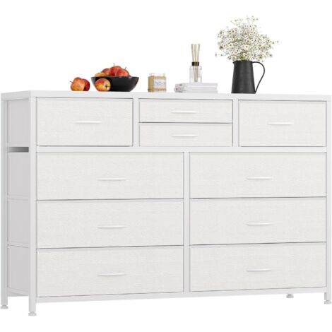 Commode De Chambre, Armoire, Meuble De Rangement, Meuble TV, Commode à 10 Tiroir En Tissu Avec Cadre En Métal, Moderne Pour Salon, Couloir Blanc