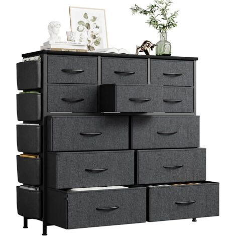 Commode Haute pour Chambre, Commode à 12 Tiroirs en Tissu, Cadre en Acier, Style Industriel, Meuble De Rangement pour Chambre, Couloir, Entrée, Salon 99x30x110cm Gris
