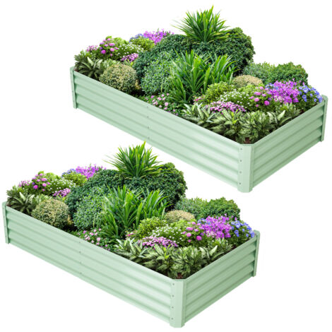 Lot de 2 bacs à fleurs en acier, jardinières rectangulaires extensionérieures, gants inclus, fond ouvert, Vert, 180x90x30cm (1/5)