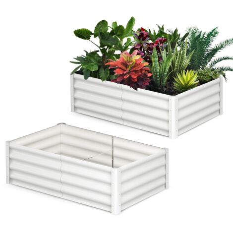 Lot de 2 bacs à fleurs en acier, jardinières rectangulaires extensionérieures, gants inclus, fond ouvert, Blanc, 1809030cm (1/5)