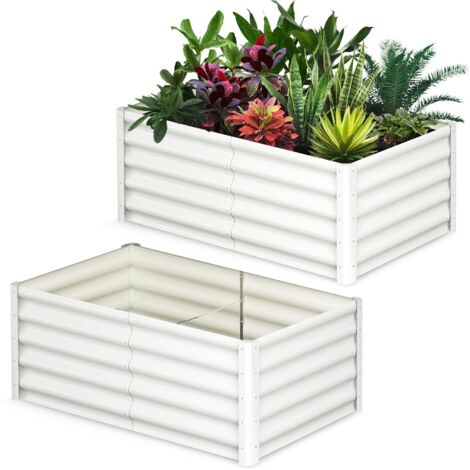 Lot de 2 bacs à fleurs en acier, jardinières rectangulaires extensionérieures, gants inclus, fond ouvert, Blanc, 180x90x45cm (1/5)