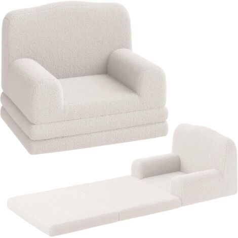 Canapé de la couronne 2-en-1 évolutif pour enfant, Fauteuil et méridien dépliable, Tissu polaire ultra-doux mousse, Blanc (1/5)