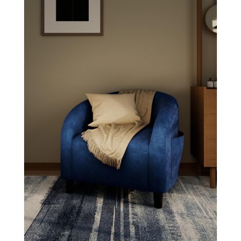 Fauteuil Baril Confortable, Fauteuil Rembourré et Assise Moelleuse, Tissu Lisse ou Bouclette , Dossier Arrondi, Bleu foncé
