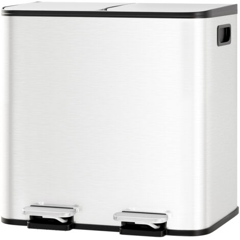 Poubelle de cuisine 30L en inox – 2 compartiments 15L, pédale, couvercle à fermeture douce, tri des déchets efficace, Blanc (1/5)