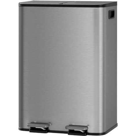 Poubelle de Cuisine 2 Compartiments 2x30L, Acier Inoxydable, Pédale, Couvercle à Fermeture Douce, Anti-empreintes, Gris (1/5)