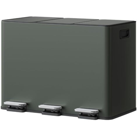 Poubelle à pédale 3 compartiments inox 45L, Couvercle fermeture douce, Bacs intérieurs amovibles, Tri des déchets efficace, Vert (1/5)