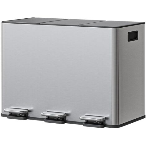 Poubelle à pédale 3 compartiments inox 45L, Couvercle fermeture douce, Bacs intérieurs amovibles, Tri des déchets efficace (1/5)