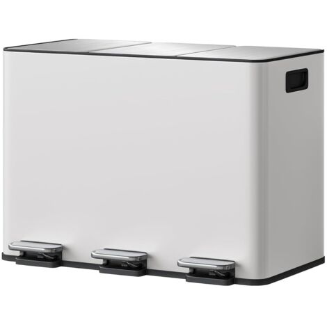 Poubelle à pédale 3 compartiments inox 45L, Couvercle fermeture douce, Bacs intérieurs amovibles, Tri des déchets efficace, Blanc (1/5)