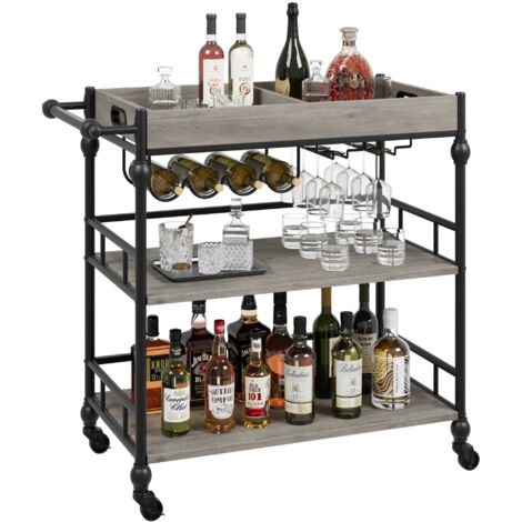 Chariot de bar 3 niveaux industriel – Étagère à vin, plateau amovible, roulettes pratiques – Rangement moderne, Gris (1/4)