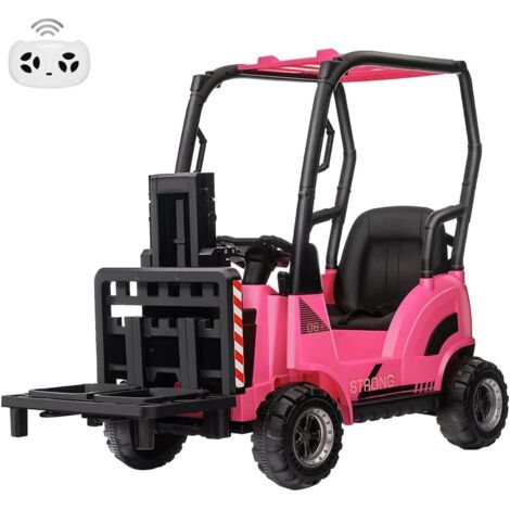 Chariot Élévateur pour Enfants 12 V, Tente, Jouet de Construction, Fourche Réglable et Palette, Télécommande pour Parents, Musique, Voiture Électrique pour Enfants 3-8 ans Rose