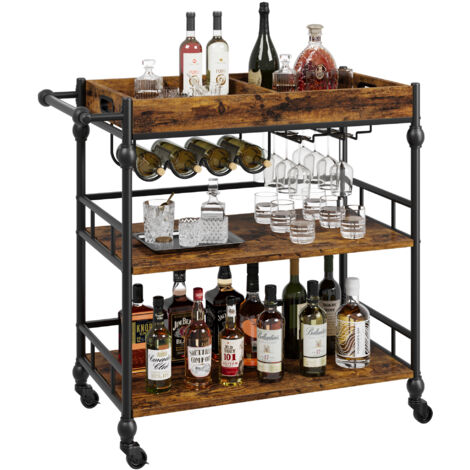 Chariot de bar 3 niveaux industriel – Étagère à vin, plateau amovible, roulettes pratiques – Rangement moderne, Marron (1/5)
