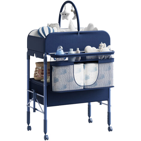 Table à langer portable avec 2 paniers de rangement -Commode pliante réglable en hauteur avec roulettes -pour bébés-Bleu