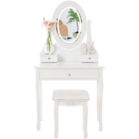Table de Maquillage avec Miroir Ovale, 3 Modes d’Éclairage, 3 Tiroirs et Tabouret Rembourré – Coiffeuse Moderne pour Chambre (1/5)