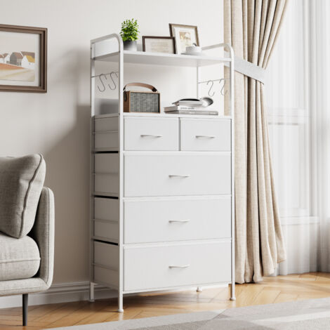 Commode De Chambre, Décor Chêne Brossé, Étagère avec 5 Tiroirs + Quatre Crochets, Classique, Chambre, 60 x 30 x 120H cm, Meuble De Rangement Blanc (1/5)