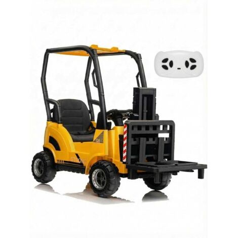 Voiture Électrique Enfants 12V sur Chariot Élévateur avec Tente, Jouet de Construction avec Fourche Réglable et Palette, Télécommande, Musique, pour Enfants 3-8 ans Jaune