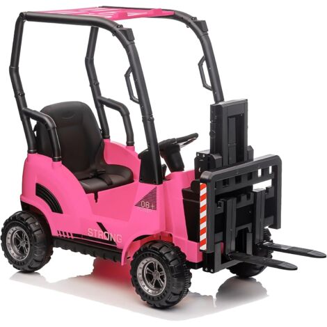 Voiture Électrique Enfants 12V sur Chariot Élévateur avec Tente, Jouet de Construction avec Fourche Réglable et Palette, Télécommande, Musique, pour Enfants 3-8 ans Rose