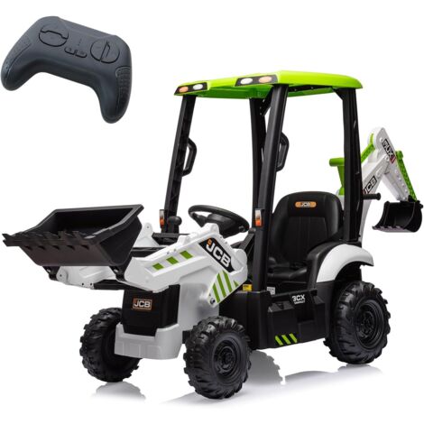 12V Tracteur Électrique pour Enfants avec Klaxon, Télécommande 2,4G, 4 en 1 Excavatrice électrique avec Pelle, Bulldozer, Plafond Amovible, 2-4km/h pour Enfants de 3 Ans+ Blanc