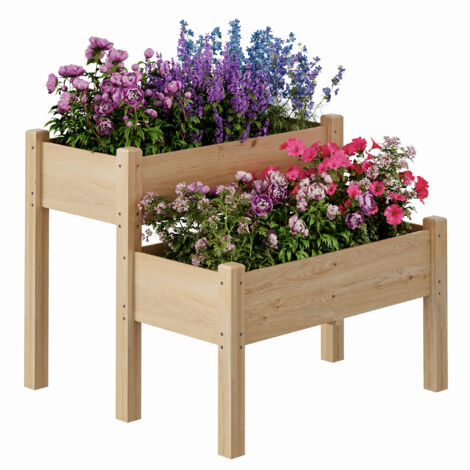 Jardinière surélevée 2 étages en bois de sapin 86x84x74 cm– 2 bacs, 8 trous d’écoulement, 160 kg – Potager extérieur, Jaune (1/5)