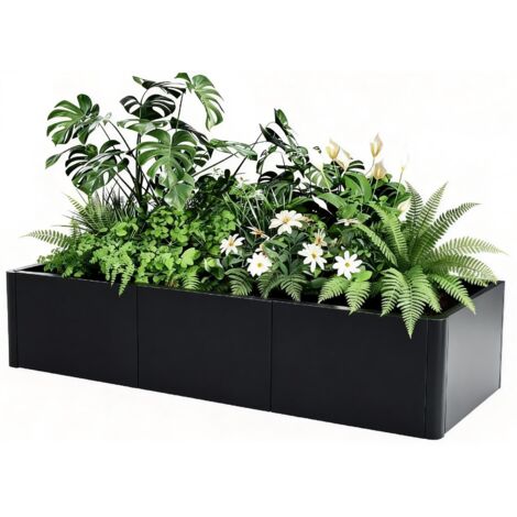 Bac à Fleurs Métal Surélevé 136x52x30 cm, Assemblage Sans Outil – Coins Arrondis – Anti-débordement，Carré potager avec fond