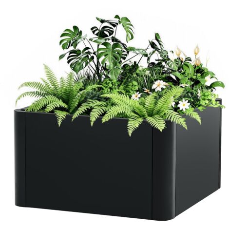 Bac à Fleurs Métal Surélevé 52x52x30 cm, Assemblage Sans Outil – Coins Arrondis – Anti-débordement，Carré potager avec fond