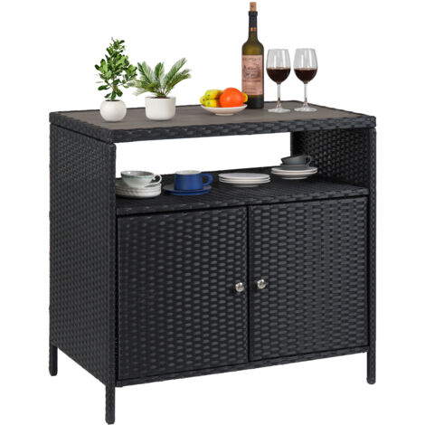 Meuble de Bar Extérieur en Rotin Tressé Noir – Buffet de Jardin avec Rangements, Portes Doubles & Étagères