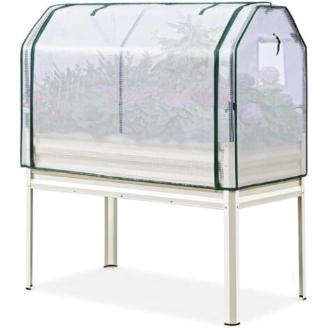 Bac de culture surélevé 120 x 60 x 140 cm, Mini serre PE et voile protectrice inclus, Beige (1/3)