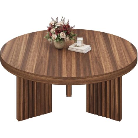 Table Basse Ronde 85 cm, Plateau Épais Effet Bois, Pieds Cannelés, Idéale Pour Salon Et Petits Espaces, Montage Facile Marron (1/5)