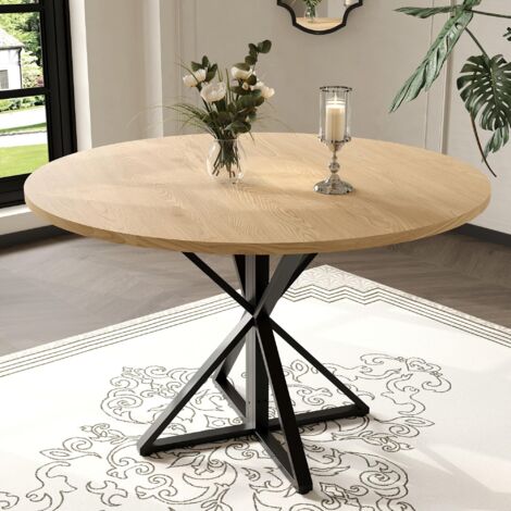 Table À Manger Ronde 120 cm, Style Moderne, Plateau en MDF Résistant, Base en Acier Robust, Pour 4 à 6 Personnes, Dining Table Noir + Bois