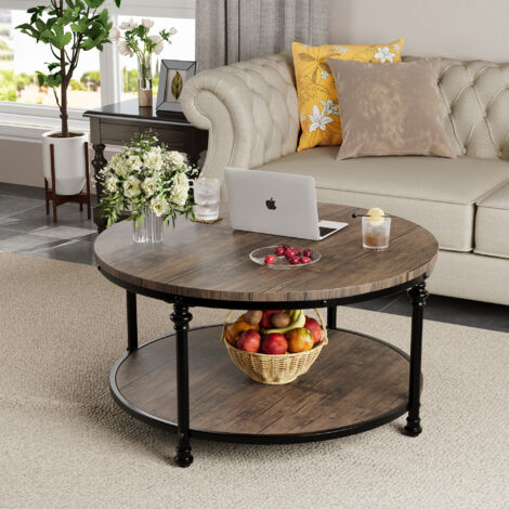 Table Ronde à Manger, Grange Table Basse en Ronde, 77,5x77,5x46 cm, Table de Salon avec Plateau avec 2 Niveaux d'espace de Rangement, Marron Veinage Bois (1/5)