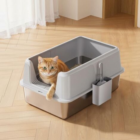 Bac Litière pour Chat Anti-adhésif, Maison de Toilette, Ouverture Latérale Anti-projections, Anti-fuites, Facile à Nettoyer, Gris (1/5)