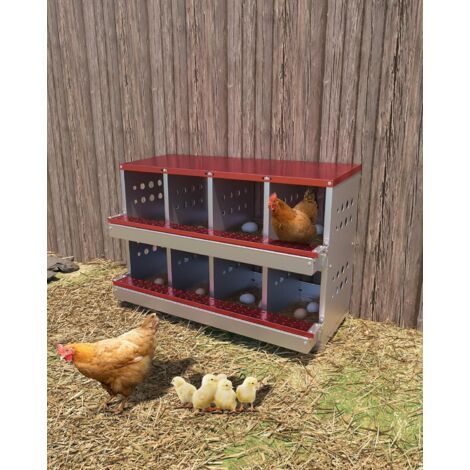 Nichoir à Ponte pour Poules - 2 Étages & 8 Compartiments avec 8 Œufs Faux, Acier Galvanisé Anti-Rouille, Collecte Semi-Automatique (Rouge)