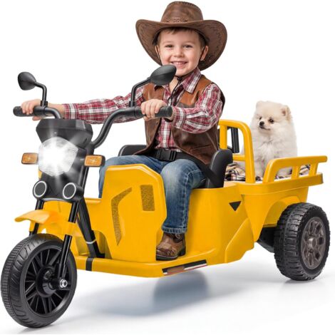 Moto Électrique Enfants avec Plateau de Remorque et Pelle, 12V Moto Enfant avec Voyant D'alimentation, Deux Moteurs, Vitesse Réglable(Jaune)