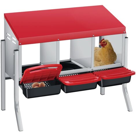 Pondoir Poules Pondeuses 3 Compartiments, Pondoir pour Poules Nichoirs sur pied avec perchoir, antirouille et Triple bac de recyclage des œuf, Rouge