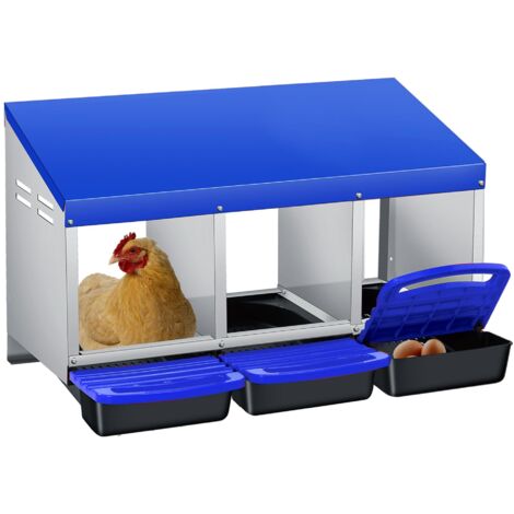 Pondoir Poules Pondeuses 3 Compartiments, Pondoir pour Poules Nichoirs avec perchoir et Triple bac de recyclage des œufs, Antirouille, Étanche, Ventilé, Bleu (1/5)