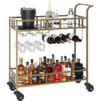 Chariot de Bar à Roulettes 2 Niveaux – Étagères Miroir, Porte-Bouteilles et Verres, Dessert Roulant Métal Compact, Or