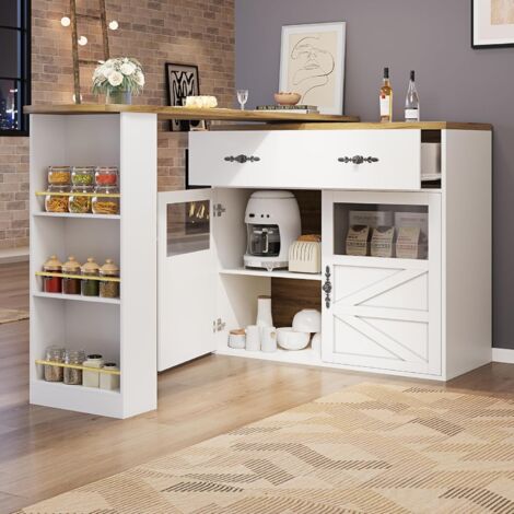 Table de Bar Extensible - Buffet Pivotant 360° avec Étagères et Tiroirs, MDF - Blanc, 138-204x39x104 cm (1/5)