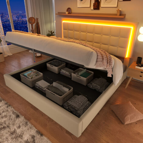 AS EASY Lit double capitonné avec sommier à lattes et espace de rangement, incluant une bande lumineuse LED, dimensions du cadre de lit : 180 x 200 cm, lit coffre, lit fonctionnel, revêtement en simil (1/5)