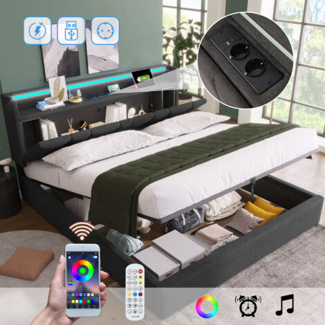 AS EASY Lit double capitonné avec fonction de chargement USB, tête de lit avec rangement et éclairage LED, lit double 140x200cm, cadre de lit avec rangement, sommier à lattes en bois, gris (matelas no (1/5)